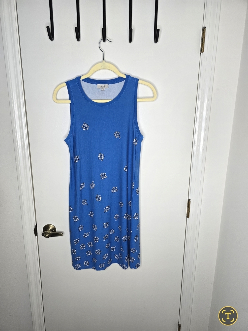 LOFT Blue Sleeveless Midi Dress with White Floral Print Medium
